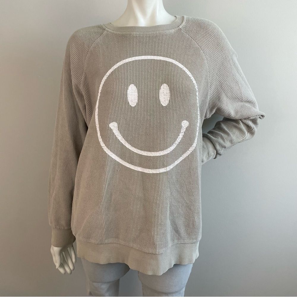 THREAD & SUPPLY Smiley Face Graphic Ribbed Gray Oversized Crewneck Sweatshirt